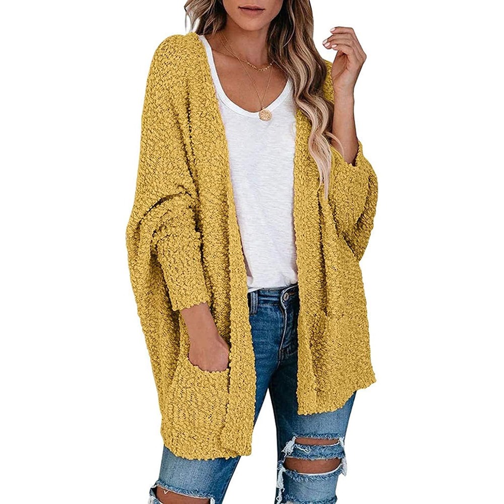 RACHEAL Mustard Yellow Textured Popcorn Knit Open Front Cardigan Sweater S/M